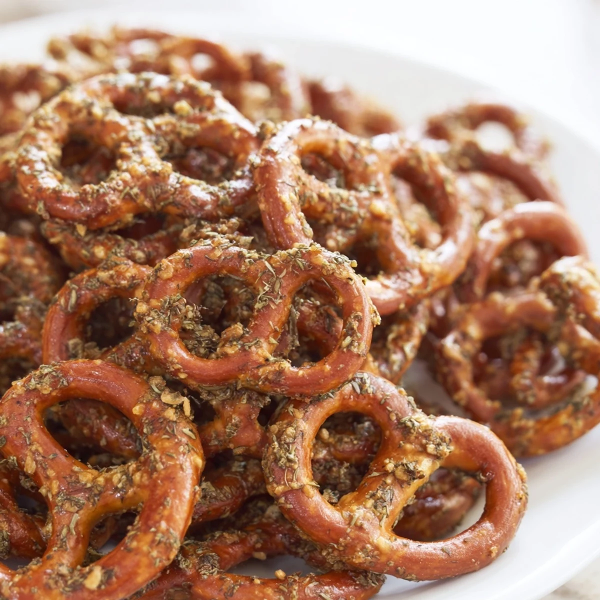 Crunchy seasoned pretzels tossed with dried dill and ranch mix on parchment paper