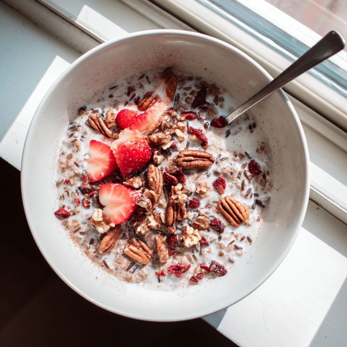 Creamy wild rice porridge topped with fresh berries, chopped pecans, and a drizzle of golden maple syrup