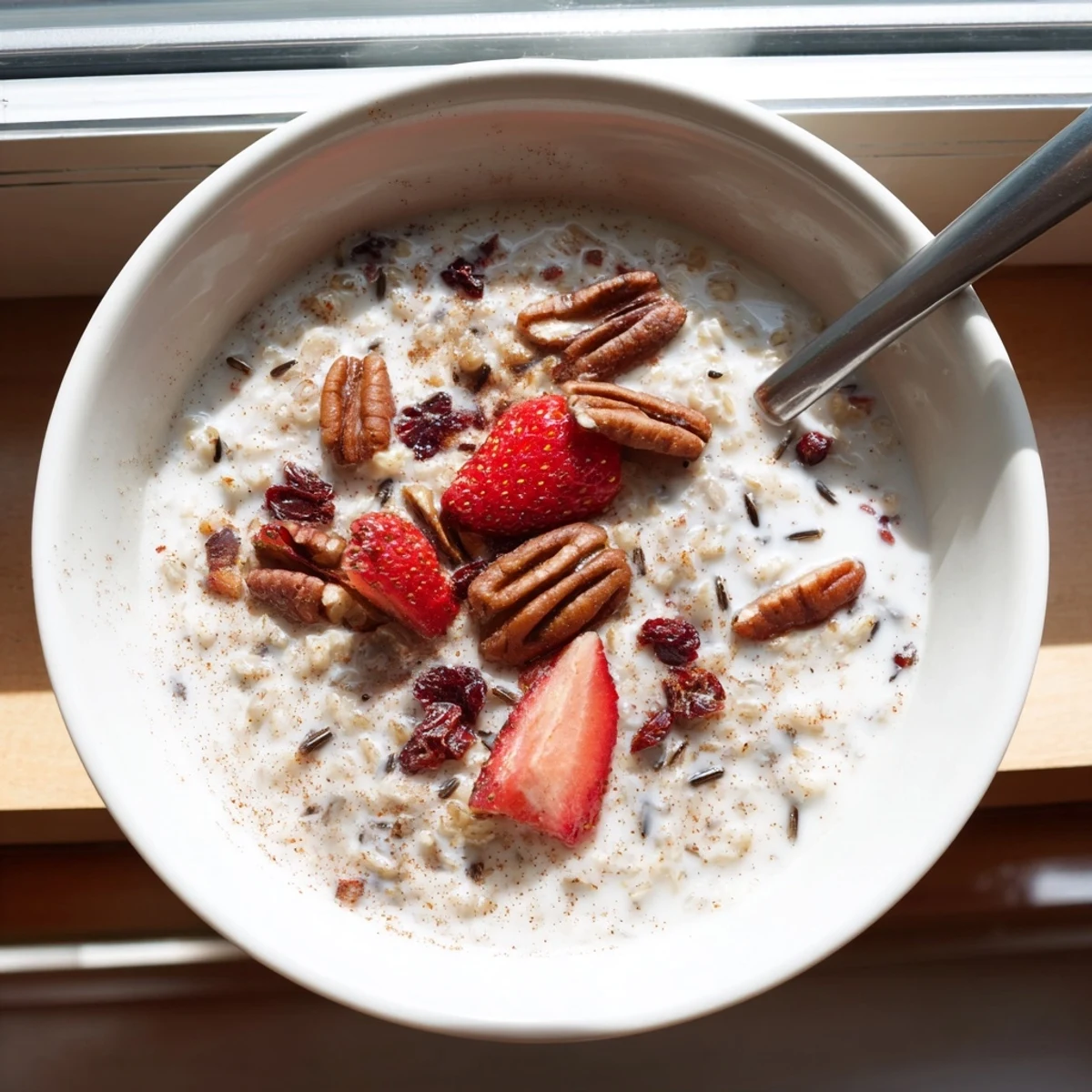 Cozy breakfast bowl featuring nutty wild rice simmered with warm cinnamon, milk, and sweet vanilla extract