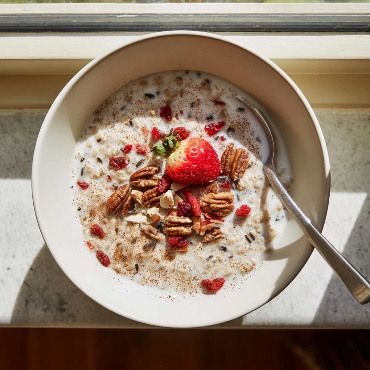 Steaming wild rice porridge sprinkled with dried cranberries and walnuts for a hearty gluten-free breakfast