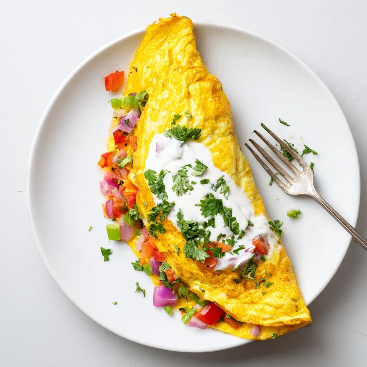 Golden Afghani omelette loaded with fresh vegetables and aromatic spices on a white plate