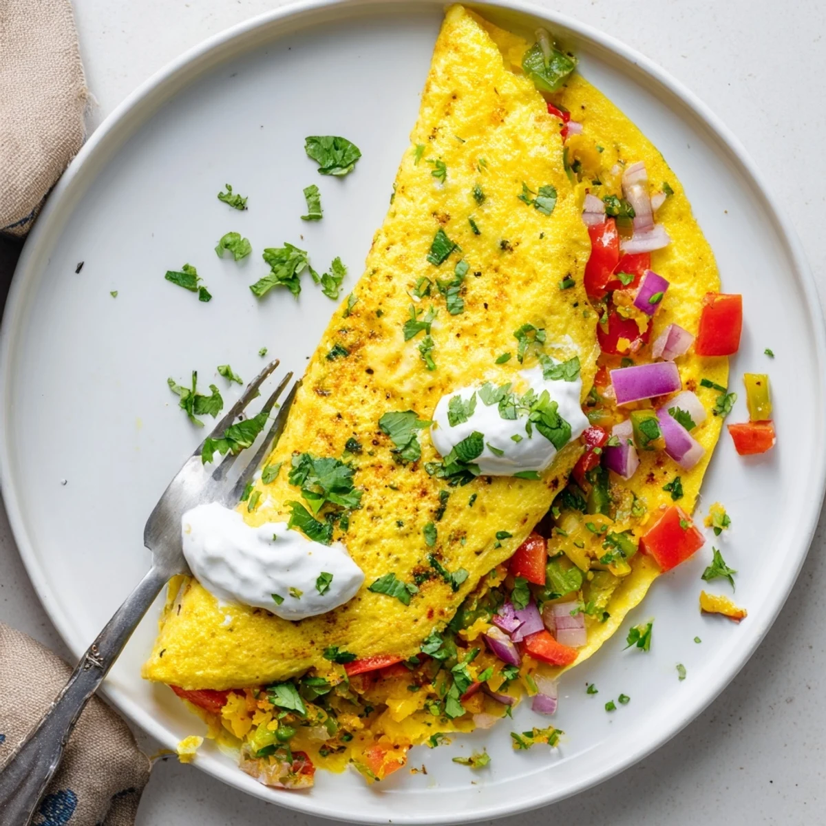 Fluffy spiced Afghani omelette featuring colorful peppers and cilantro ready for breakfast serving