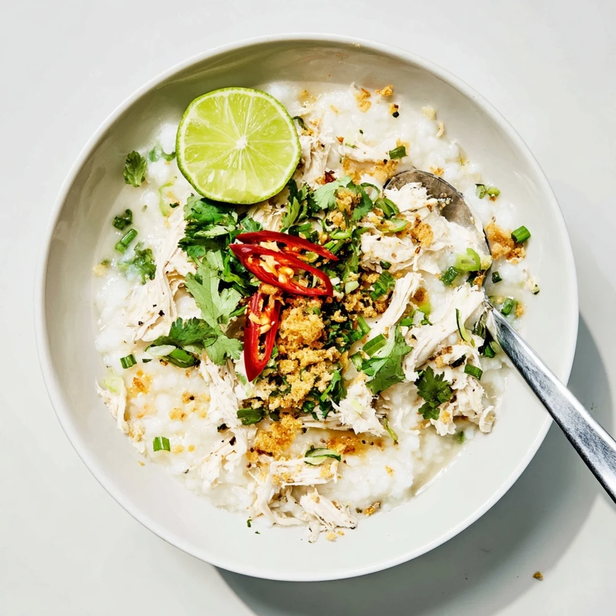 Creamy cháo gà rice porridge garnished with fried shallots, lime wedges, and aromatic herbs in a ceramic bowl