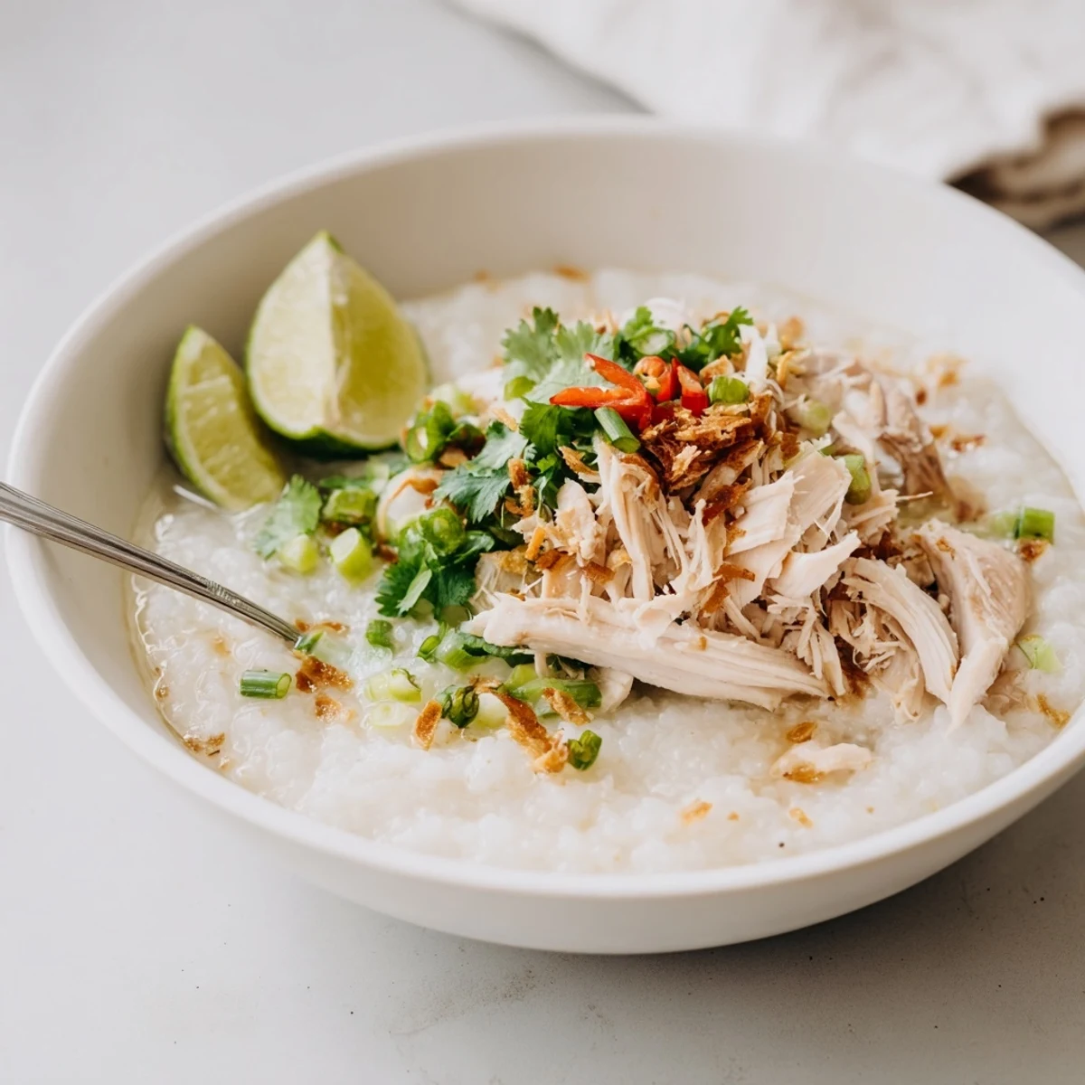 Comforting Vietnamese chicken rice porridge simmered to creamy perfection and served with vibrant green toppings and chili oil