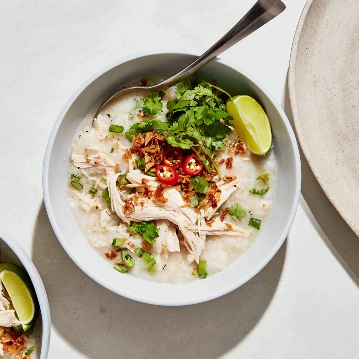 Steaming bowl of Vietnamese chicken rice porridge topped with fresh cilantro, scallions, and tender shredded chicken