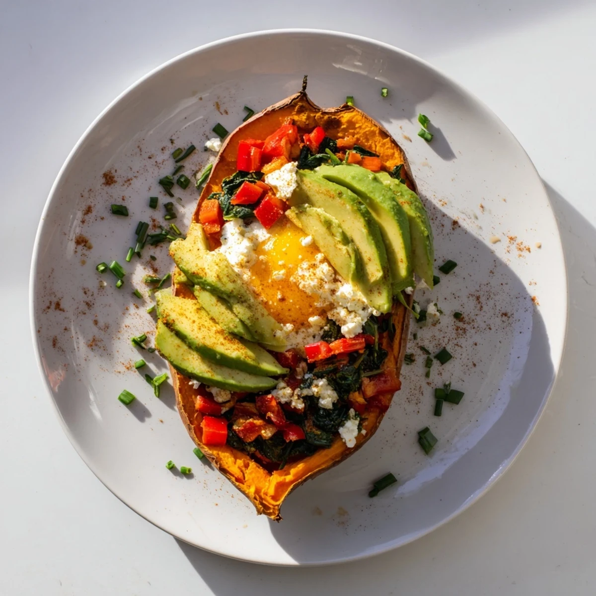 Oven roasted sweet potato halves filled with sautéed vegetables, creamy avocado, and perfectly cooked eggs