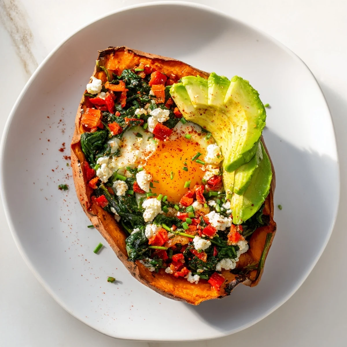 Golden baked sweet potato boats topped with runny eggs and fresh avocado slices
