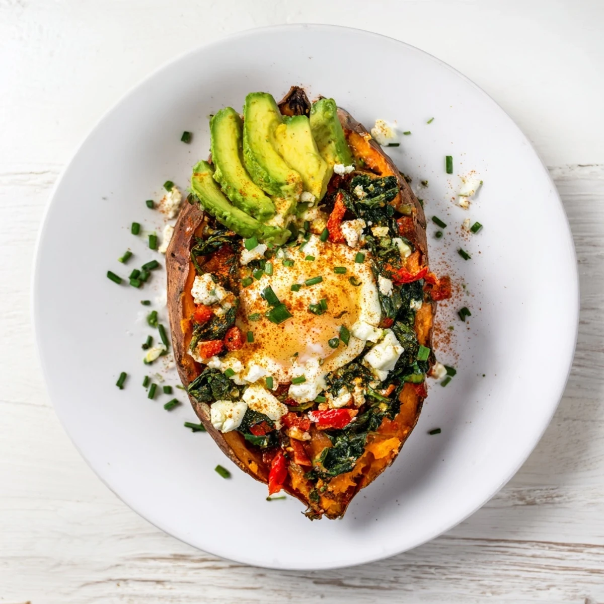 Healthy sweet potato breakfast boats garnished with crumbled feta cheese and sliced green onions