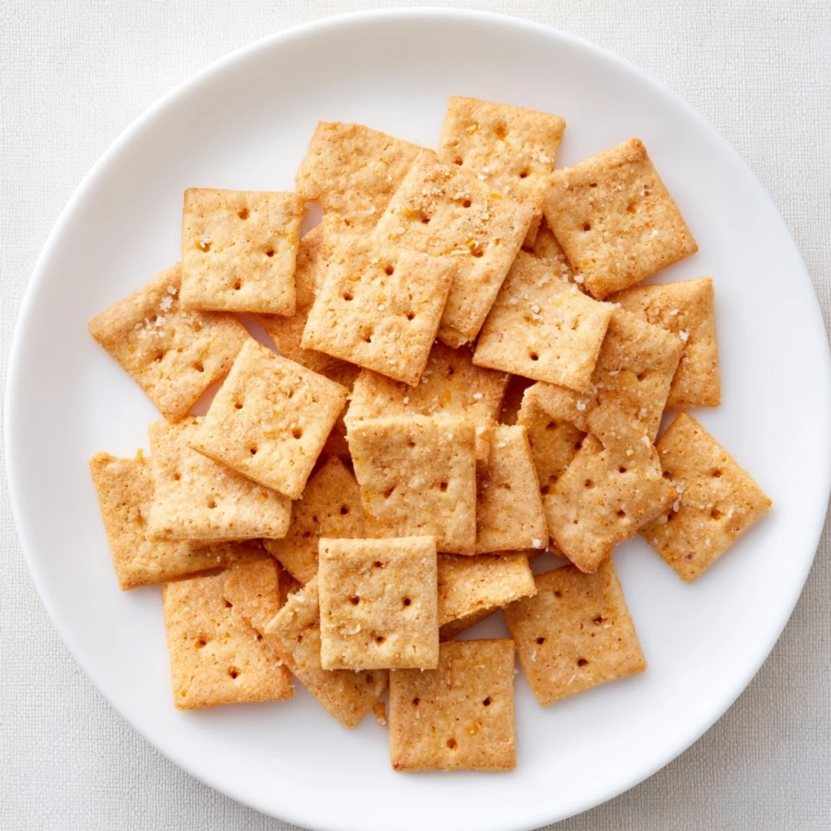 Golden homemade sourdough cheddar snack crackers arranged on a wooden cutting board with coarse sea salt sprinkled on top