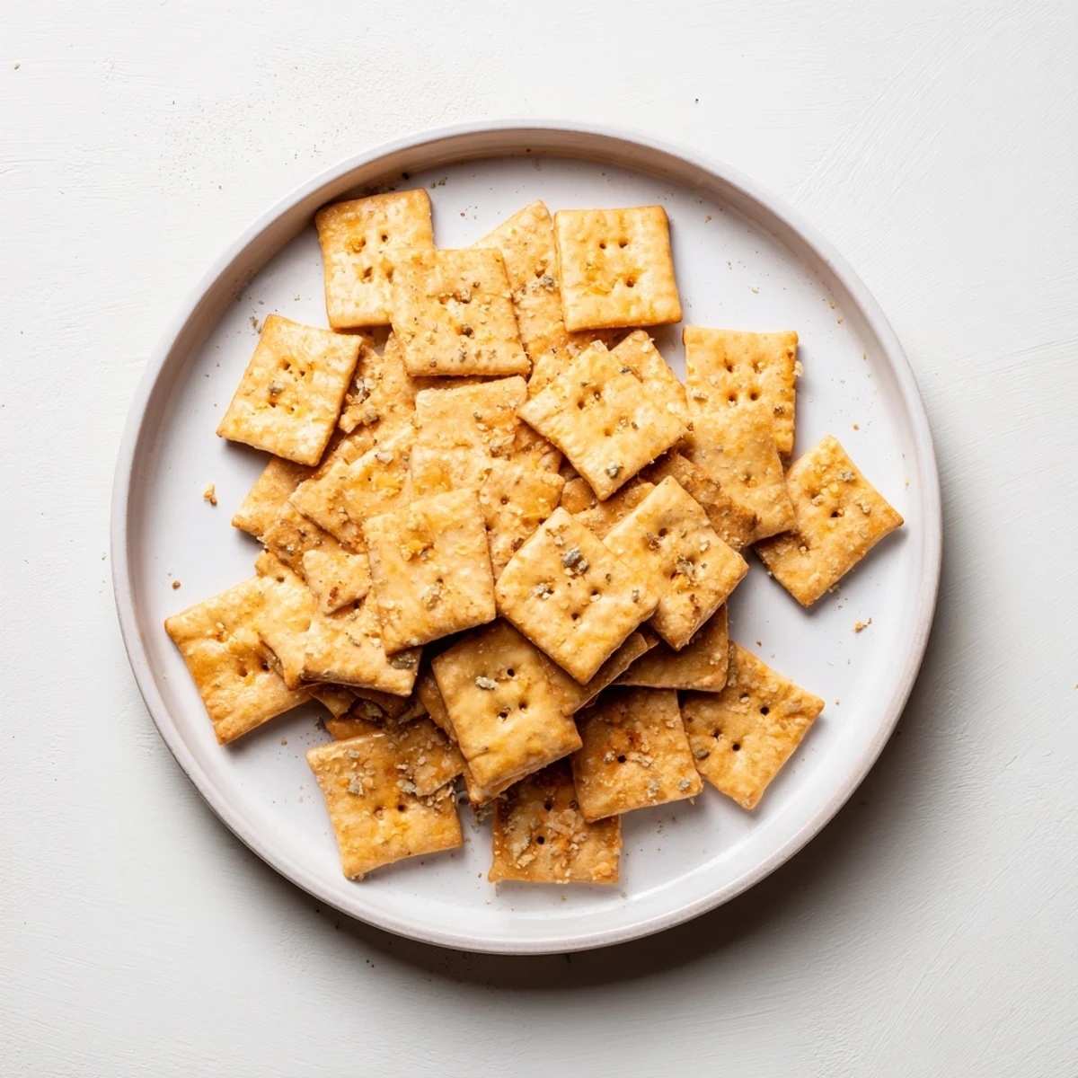 Crispy tangy sourdough cheddar snack crackers stacked beside a bowl of creamy hummus for dipping