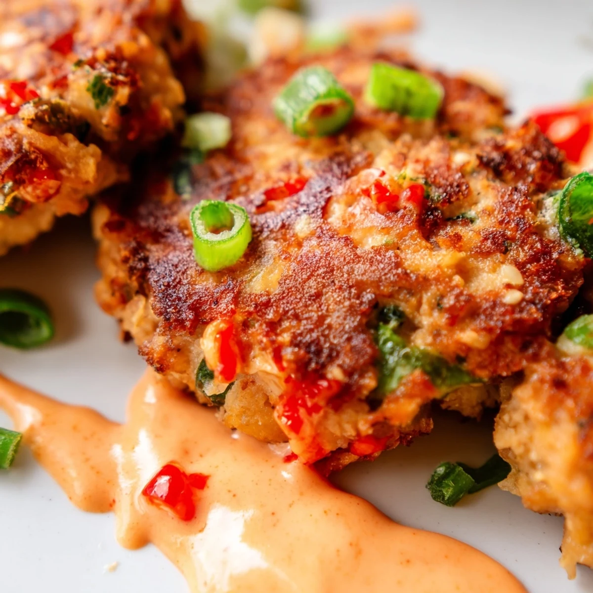 Golden brown Asian tuna cakes with spicy mayo drizzle on white plate