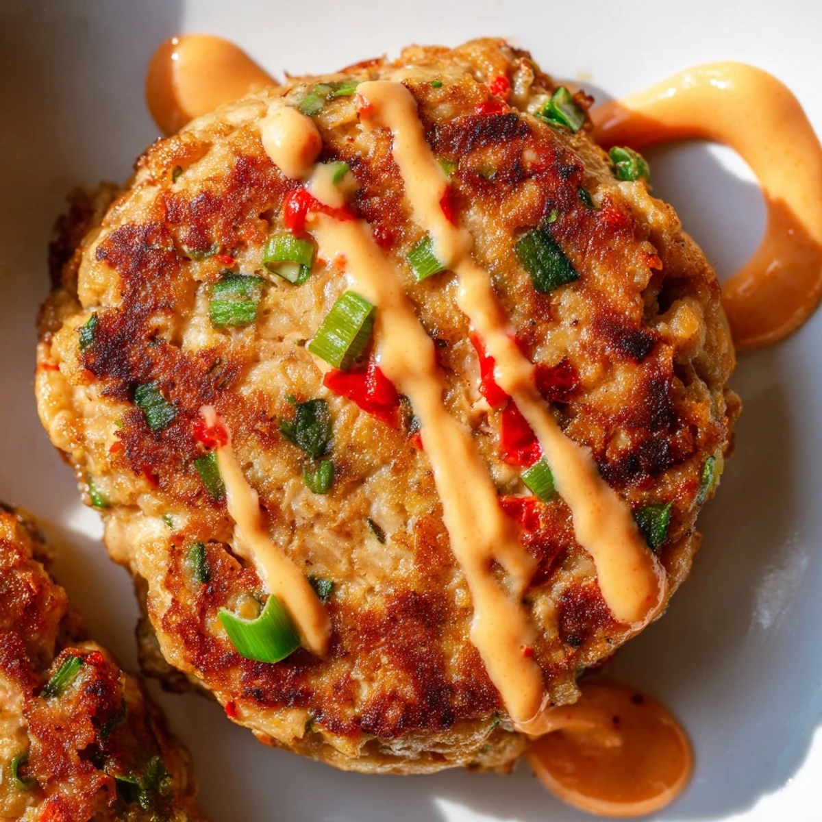 Savory Asian tuna cakes topped with zesty spicy mayo and fresh cilantro