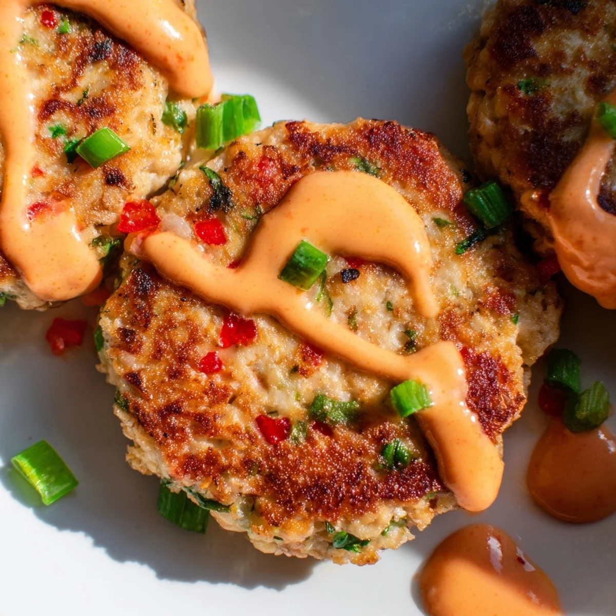 Crispy pan-fried Asian tuna cakes served with creamy spicy mayo dipping sauce