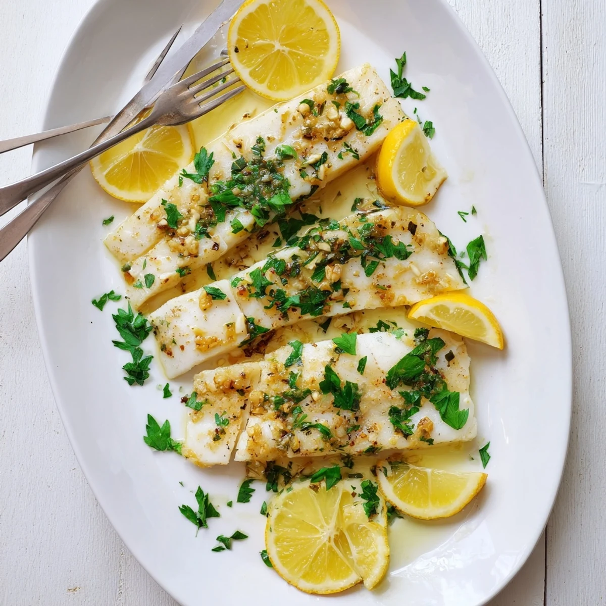 Golden baked lemon garlic fish recipe with tender flaky white fish fillets garnished with fresh parsley