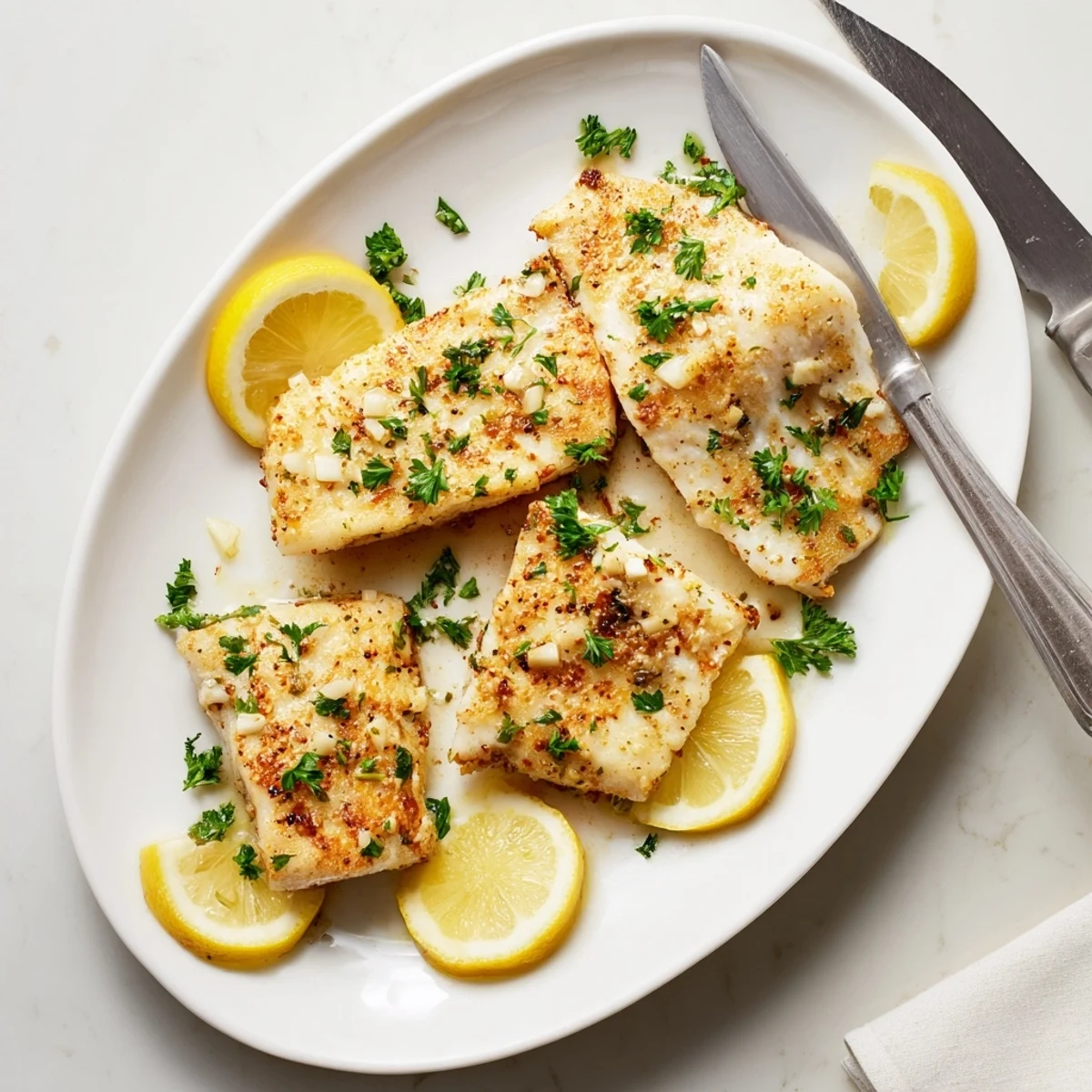 Mediterranean-style lemon garlic fish recipe served on white plate with zesty lemon wedges and green parsley sprinkles
