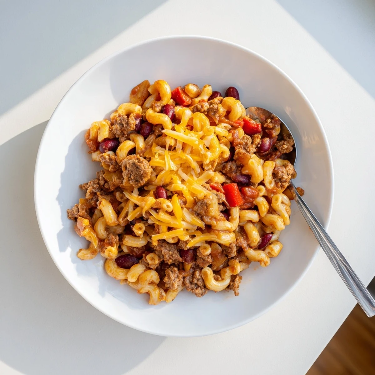 Bubbly baked chili mac and cheese with melted mozzarella topping and kidney beans