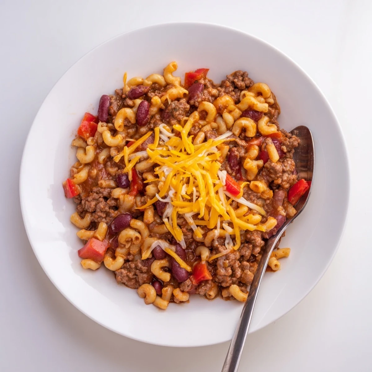 Hearty bowl of chili mac and cheese loaded with ground beef and cheddar