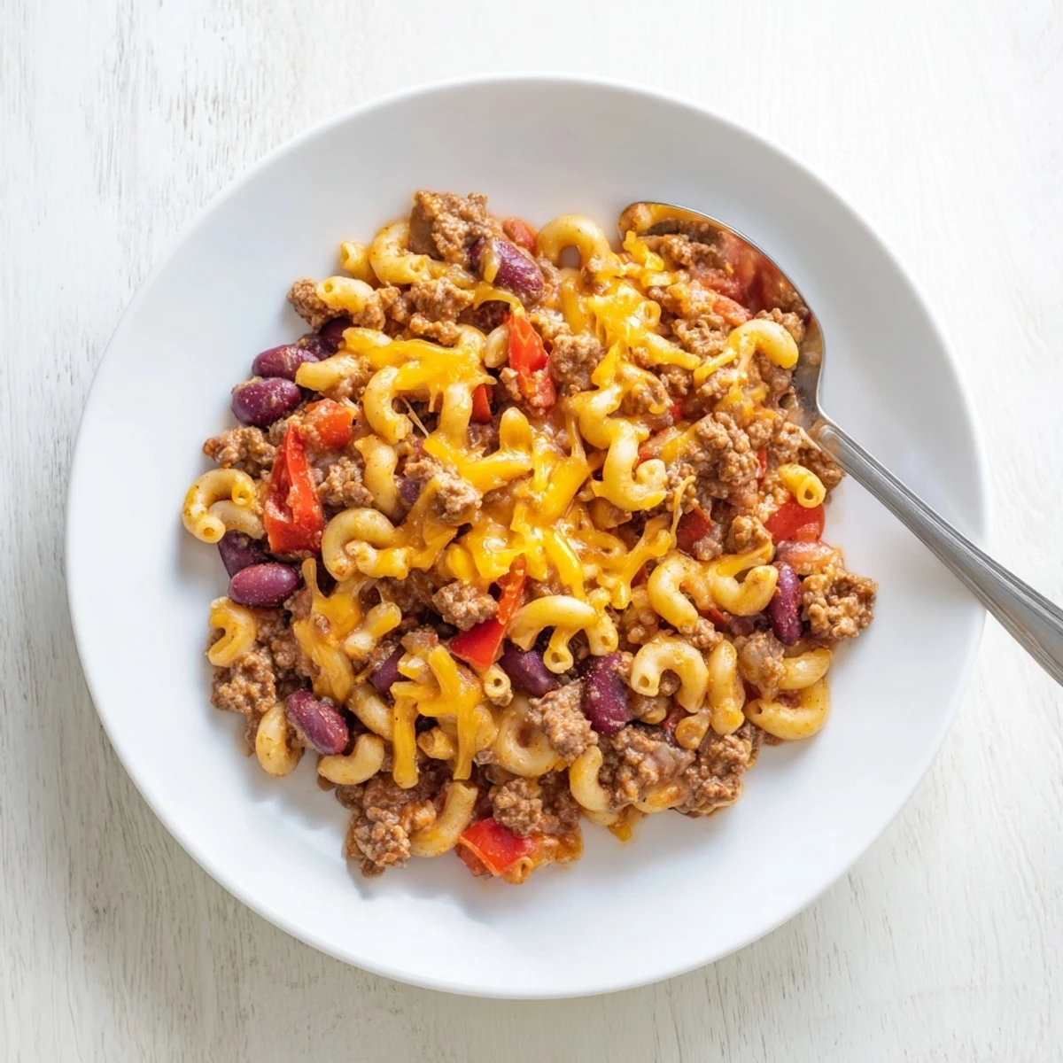 Creamy chili mac and cheese casserole featuring savory beef and melted cheddar cheese
