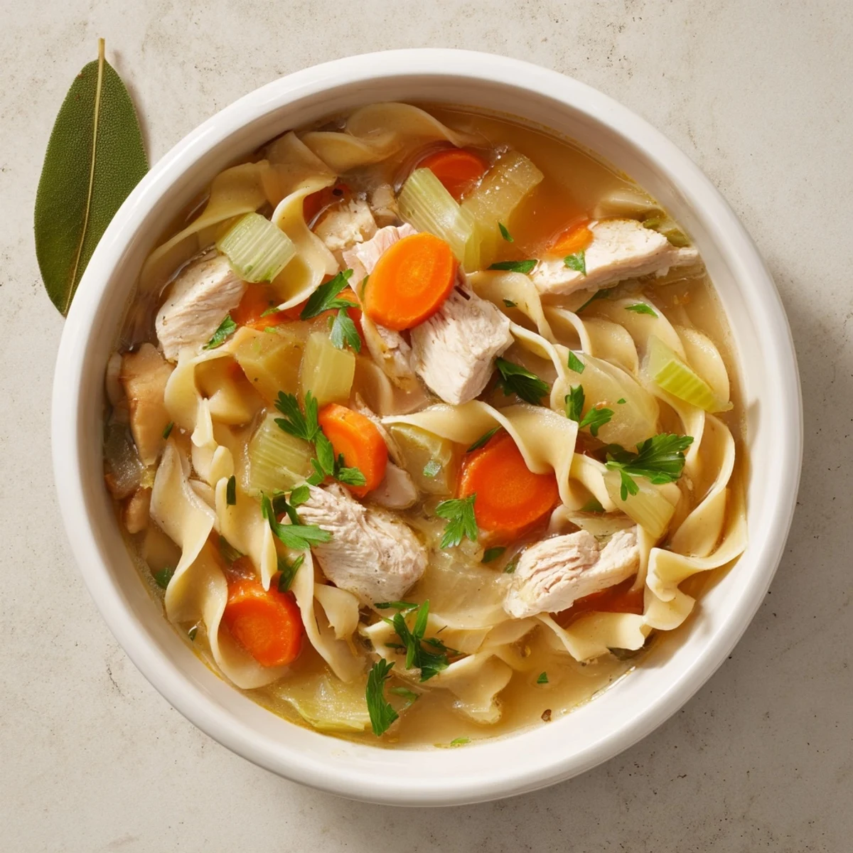 Tender chicken pieces and wide noodles cooked together in one Dutch oven