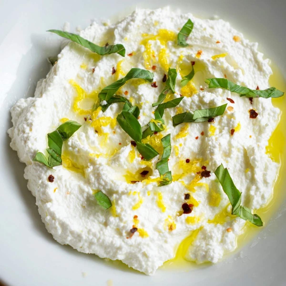 Creamy whipped ricotta spread topped with fresh herbs and lemon zest served on a wooden board