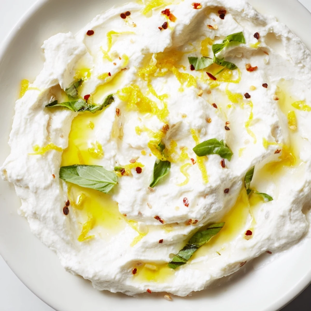 Fluffy whipped ricotta appetizer drizzled with honey and olive oil alongside toasted crusty bread slices