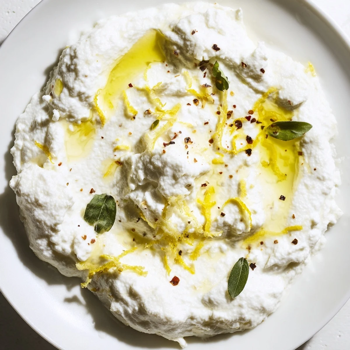 Smooth whipped ricotta cheese dip seasoned with black pepper and garnished with bright green basil