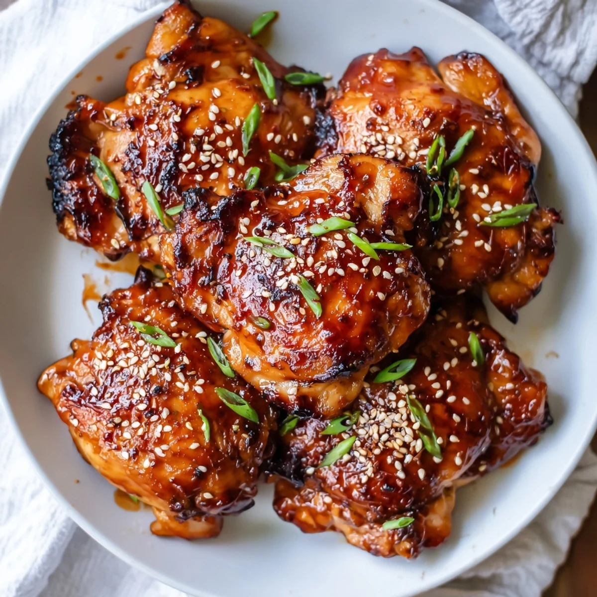 Juicy Korean Chicken Thighs glazed in sticky-sweet soy and gochujang, scallions, toasted sesame