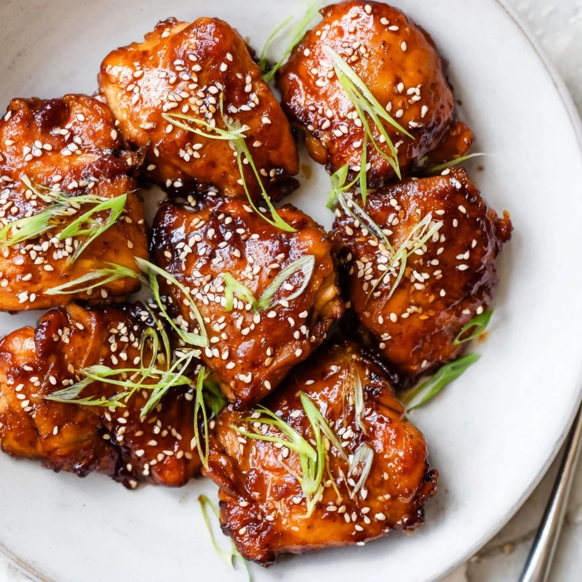 Oven-roasted Juicy Korean Chicken Thighs resting on fluffy steamed rice, garnished with sesame