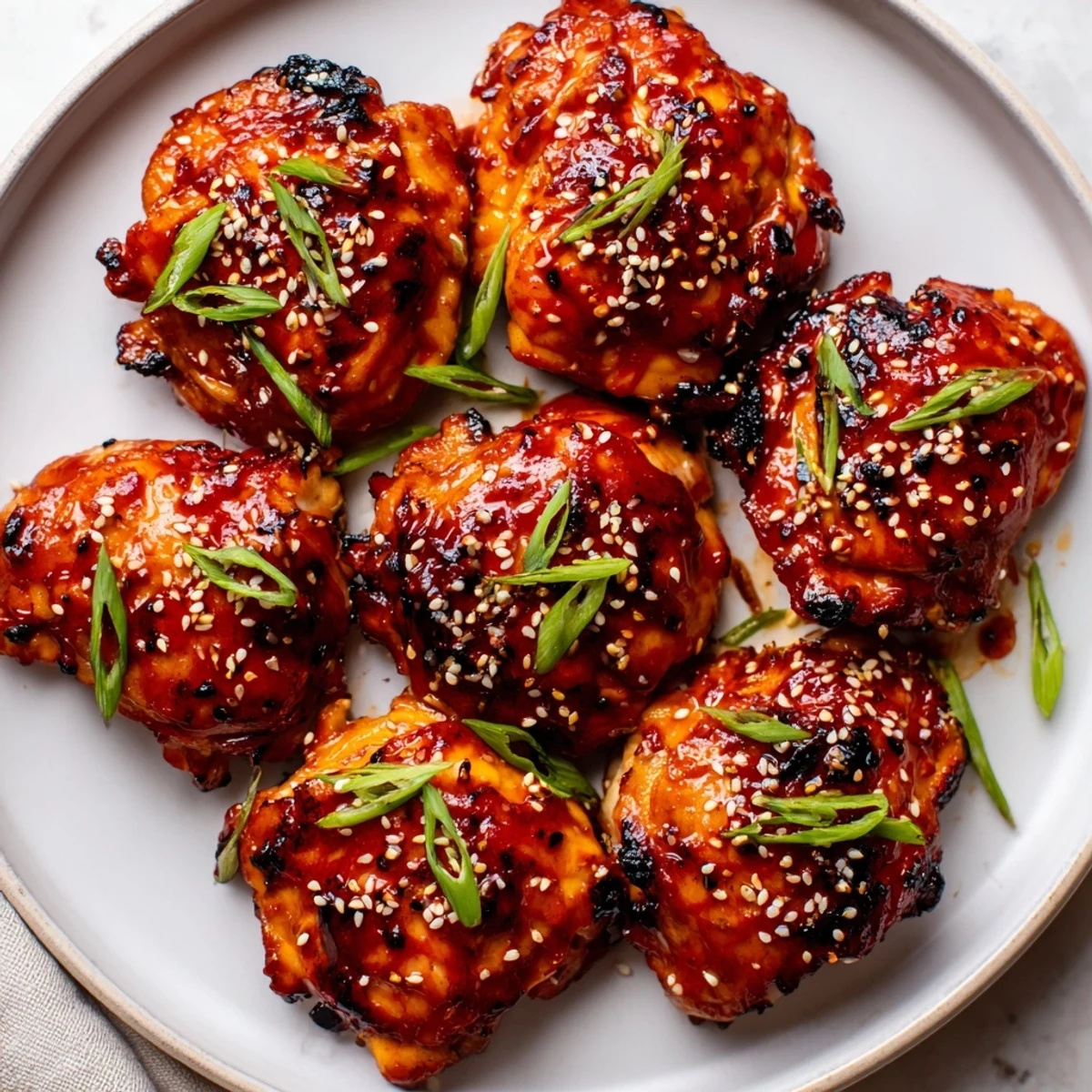 Marinated Juicy Korean Chicken Thighs caramelized and tender, served alongside kimchi and lime