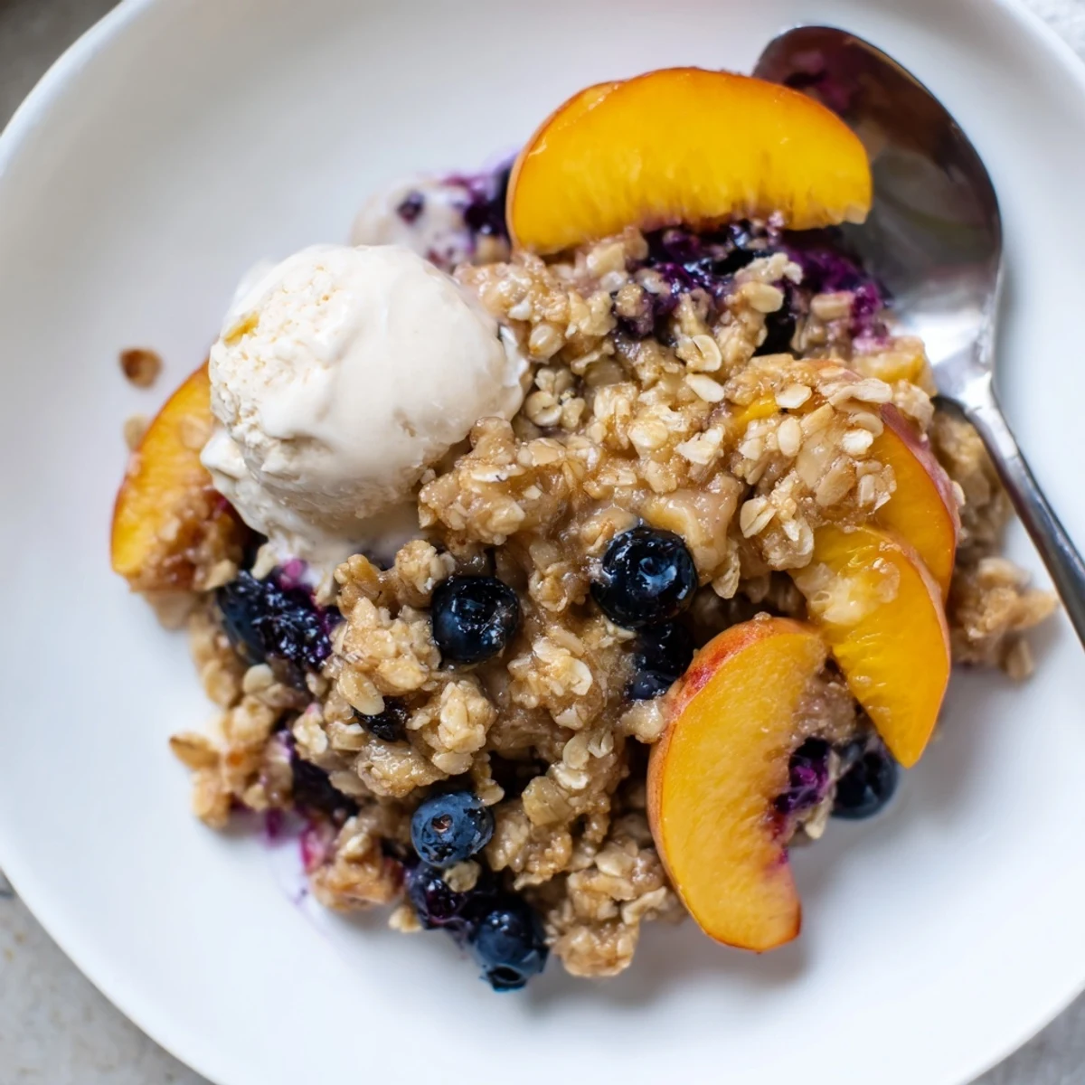 Blueberry Peach Crumble bubbling golden, warm from oven with melting vanilla ice cream