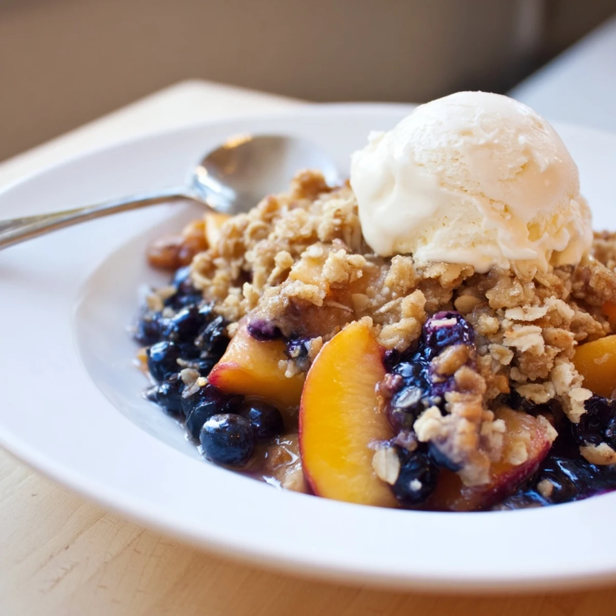 Warm Blueberry Peach Crumble in a buttered dish, juicy fruit and crisp topping