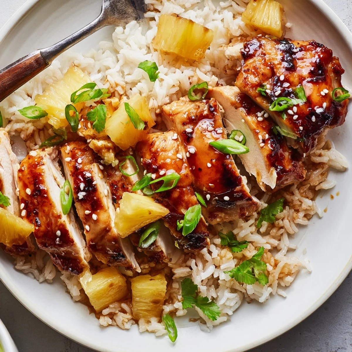 Caramelized Hawaiian Chicken With Coconut Rice atop fragrant jasmine rice, garnished with pineapple.