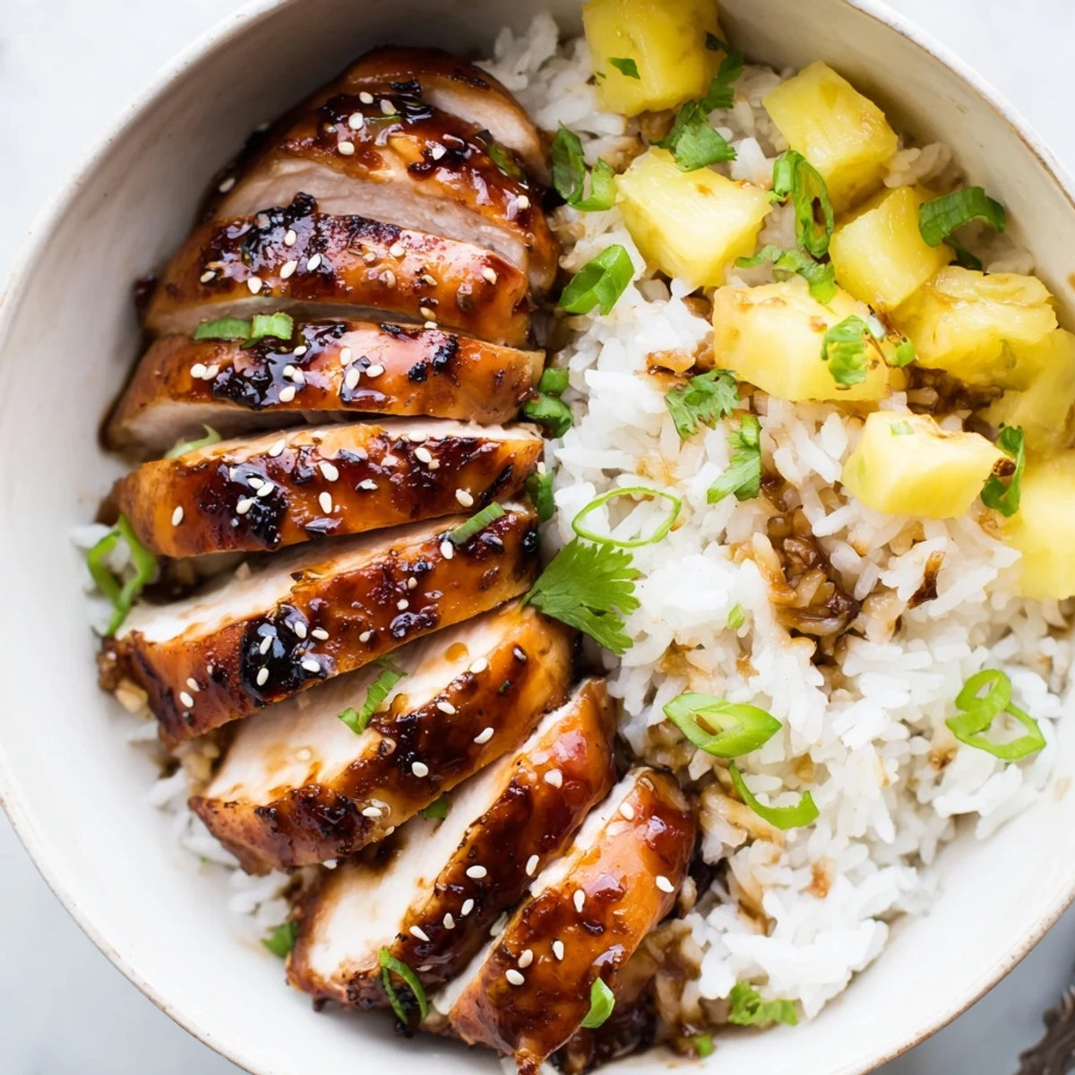 Skillet-seared Hawaiian Chicken With Coconut Rice, juicy slices over creamy coconut base.