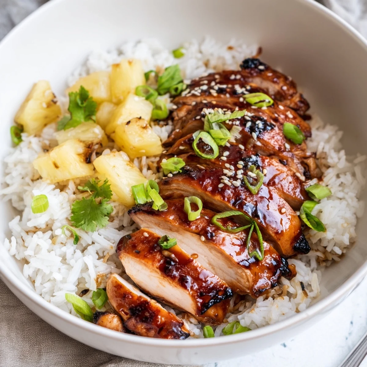 Weeknight Hawaiian Chicken With Coconut Rice plated with diced pineapple and toasted sesame.