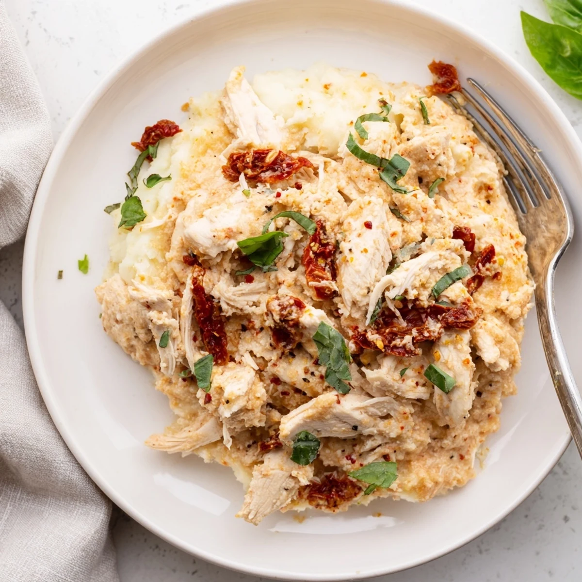 Slow-cooked Dump And Go Crockpot Marry Me Chicken served over buttery mashed potatoes