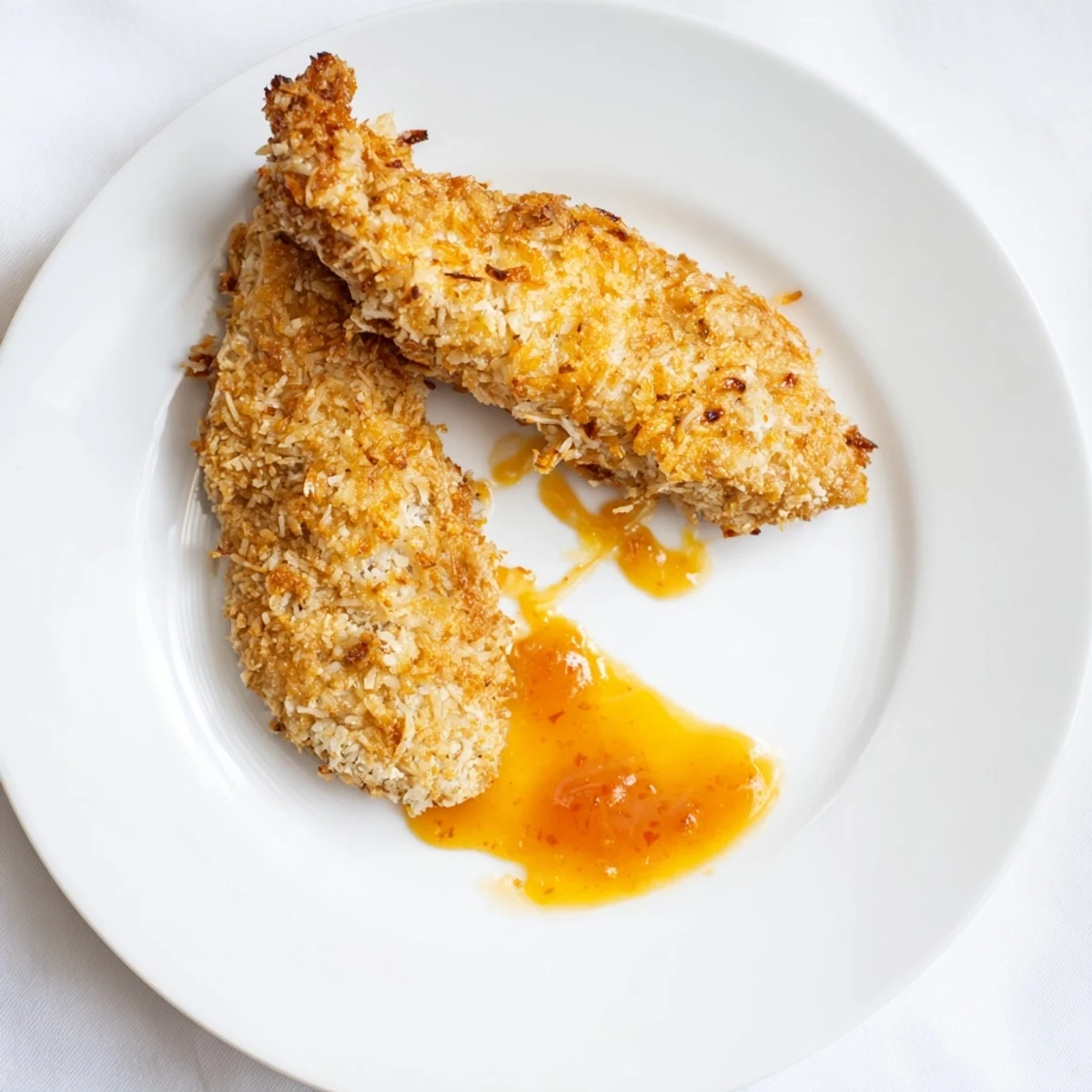 Crispy golden Coconut Chicken With Apricot Sauce, drizzled and served over jasmine rice