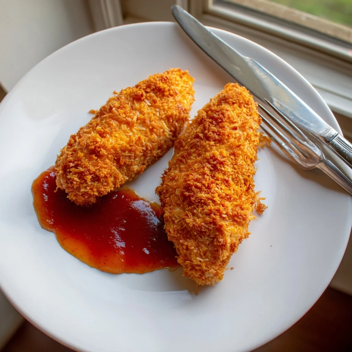 Pan-fried then oven-baked Coconut Chicken With Apricot Sauce, juicy interior visible