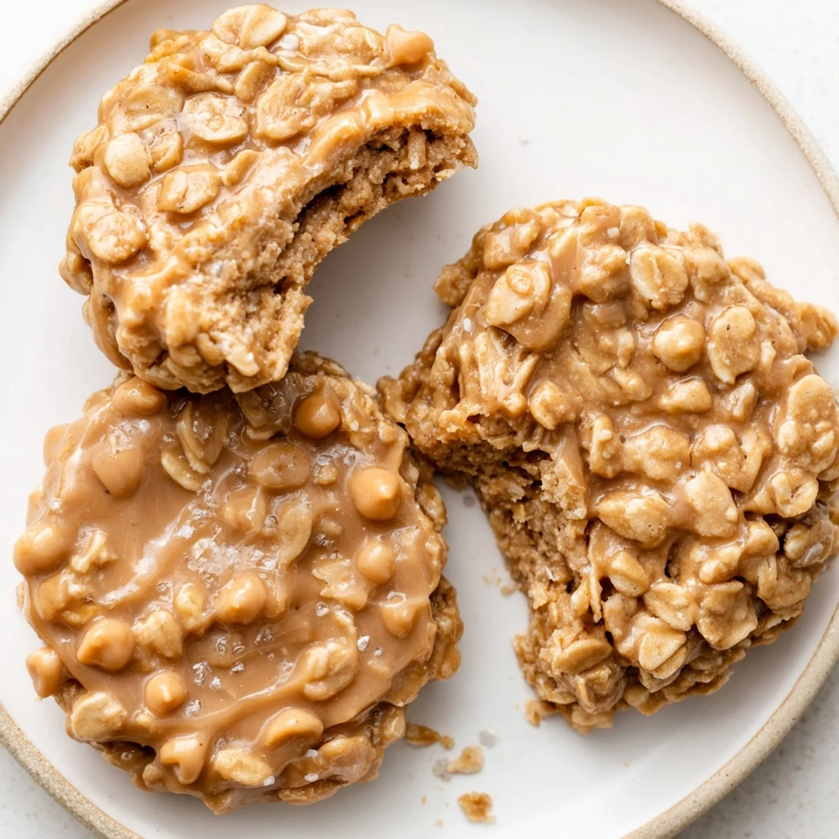 Stacked Peanut Butter No Bake Cookies showing oaty texture, ready to serve