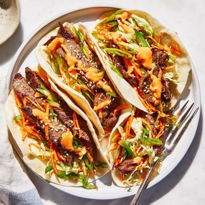 Close-up of Korean BBQ Tacos filled with tender, caramelized beef and vibrant crunchy slaw.