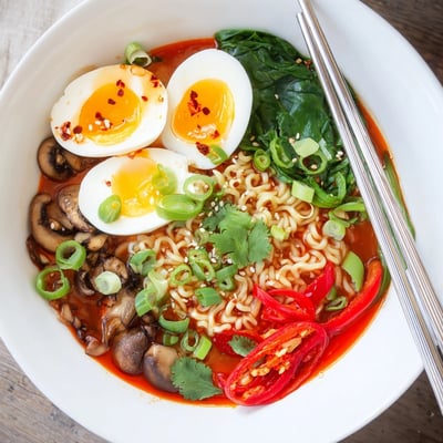 A bowl of delicious Fiery Chili Ramen: vibrant hues and aromatic spices create depth.