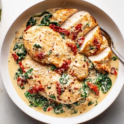 Overhead shot of a delicious Tuscan Chicken Skillet; spinach wilts in the creamy sauce.