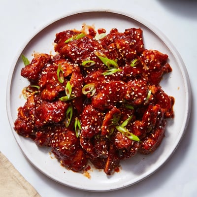 Savory Gochujang Glazed Chicken recipe on a platter, garnished with sesame seeds and scallions.