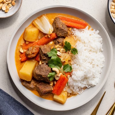 Close-up of rich, savory Thai Massaman Curry recipe, garnished with cilantro and peanuts.