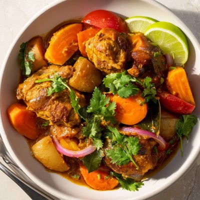 Tender chicken simmers in a rich Sri Lankan Coconut Curry with spices, served hot.