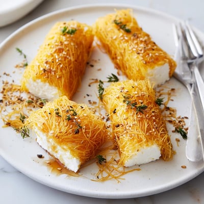 Baked Kataifi Wrapped Feta Crispy, showing flaky layers and creamy cheese filling.