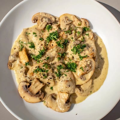 Golden-brown mushrooms simmer in this Creamy Garlic Mushroom Sauce, perfectly coating a tender steak.