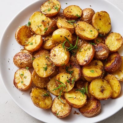 A close-up of beautifully browned Roasted Herb Potatoes, sizzling and flavorful, perfect for dinner.
