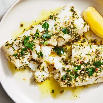 A close-up of perfectly cooked baked fish, garnished with parsley and bright lemon wedges.