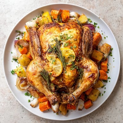 A perfectly roasted Classic Roast Chicken, juicy and savory, ready to be carved and enjoyed.