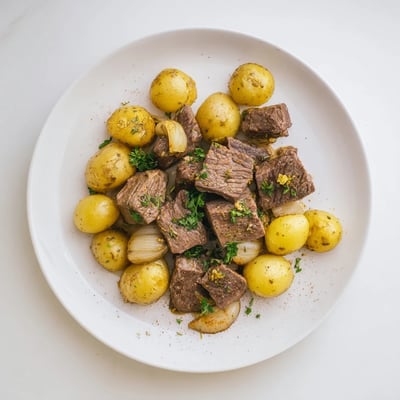 A close-up shows the slow cooker garlic butter beef with potatoes beside fresh parsley garnish and a wooden serving spoon.